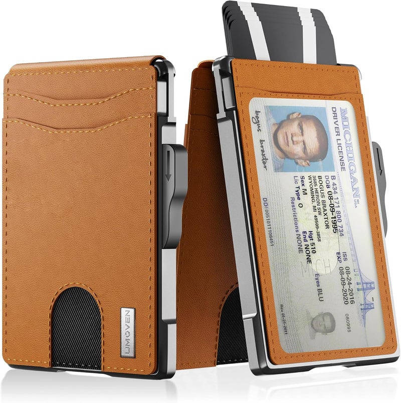 umoven Wallet for Men - Slim Leather RFID Blocking Bifold Minimalist Wallet with Metal Pop-Up Card Holder, Money Clip, Credit Card Slots - Men's Wallet, Saffron Yellow - Image 1